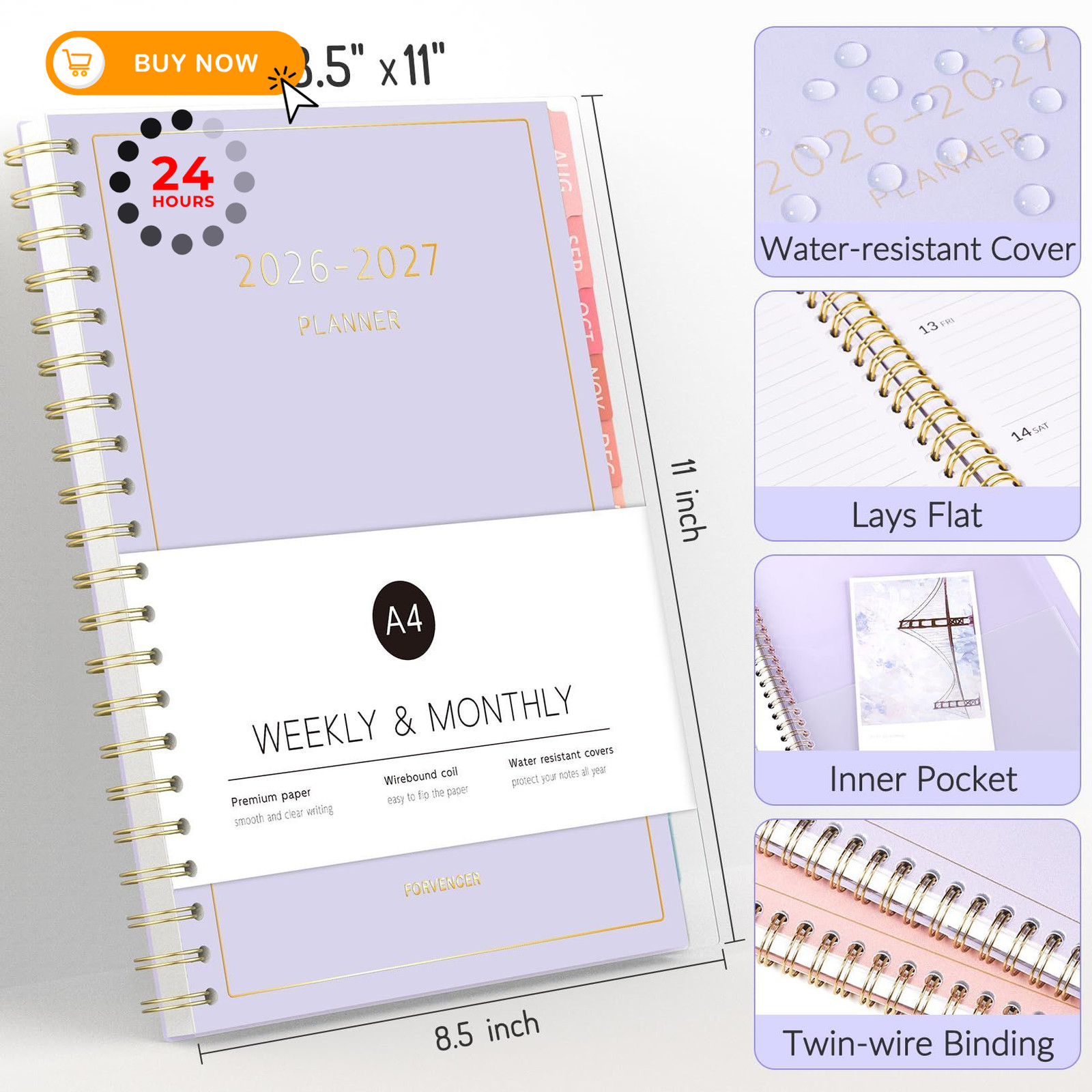 Aug 2026 – Dec 2027 Planner, Forvencer 17 Month Academic 8.5″ x 11″, Purple