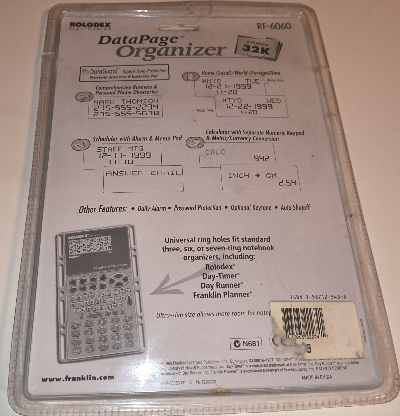 Rolodex Data Page Organizer RF-6060 Franklin 32k Sealed In Package