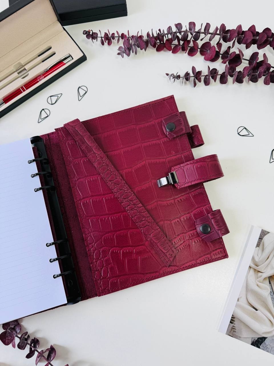 Burgundy Leather notebook cover A5 model 3in1 organizer.Lather planner binder.