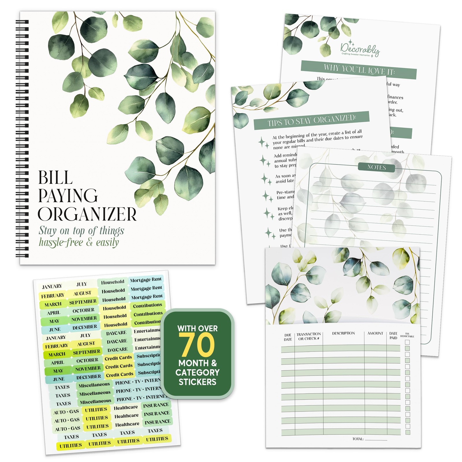 Decorably 14 Pocket Pages Undated Eucalyptus Bill Payment 9×12 inches, Green