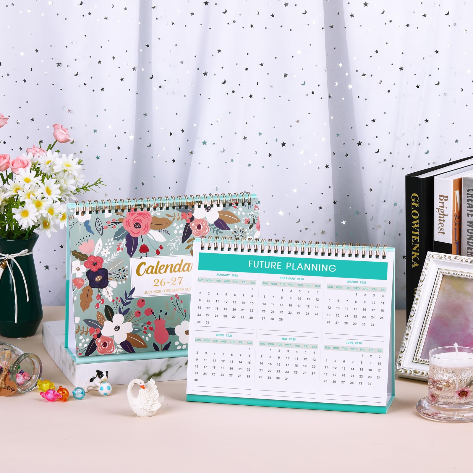 Desk Calendar 2026-2027 – Standing Flip Desktop with green
