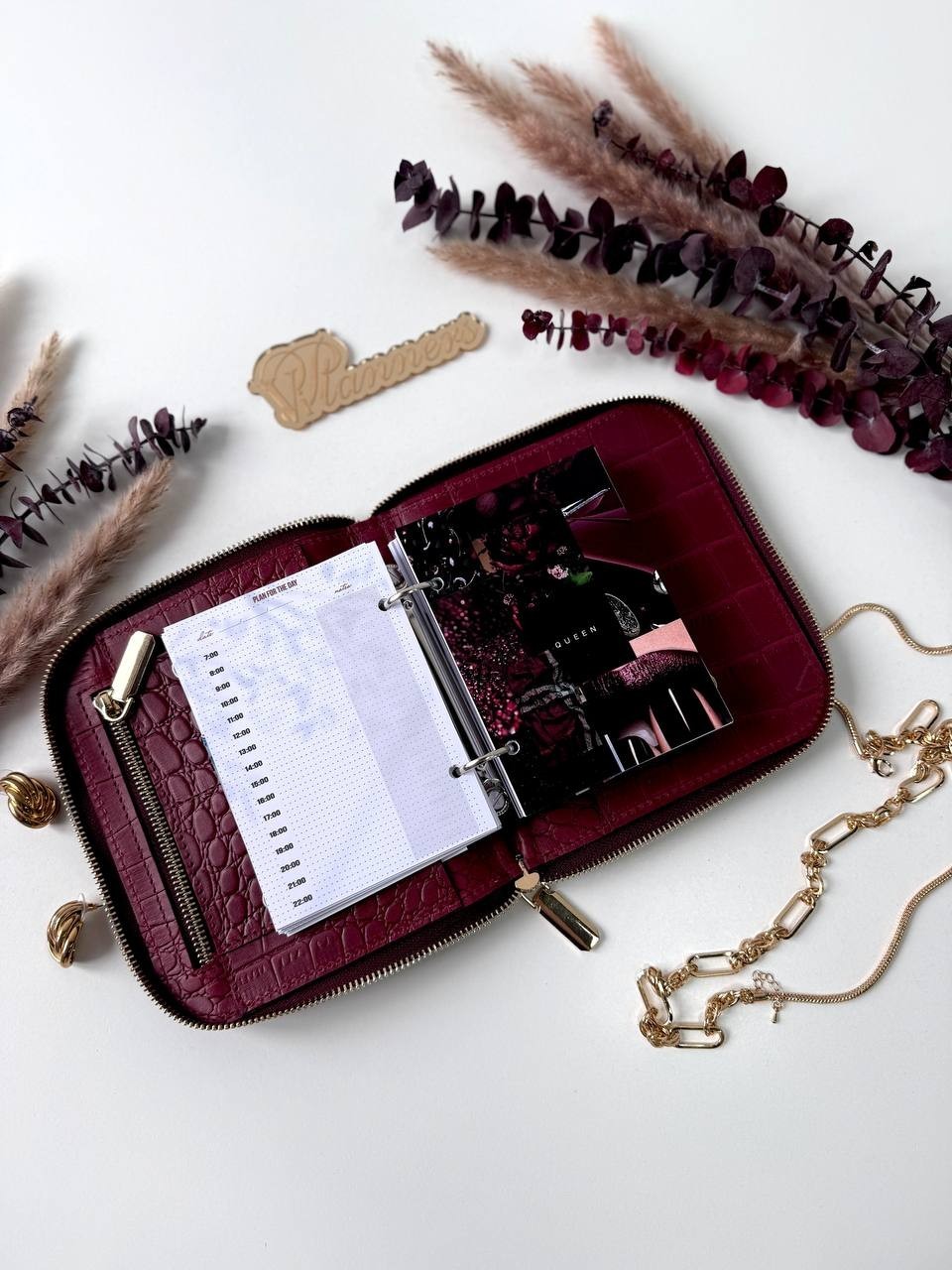 Luxurious Burgundy Genuine Leather A7 Pocket Planner – Golden Leopard Edition
