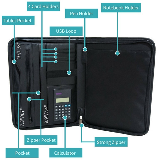 Art Portfolio Animal-Friendly Leather Padfolio Zippered Binder Zipper Binder Zip