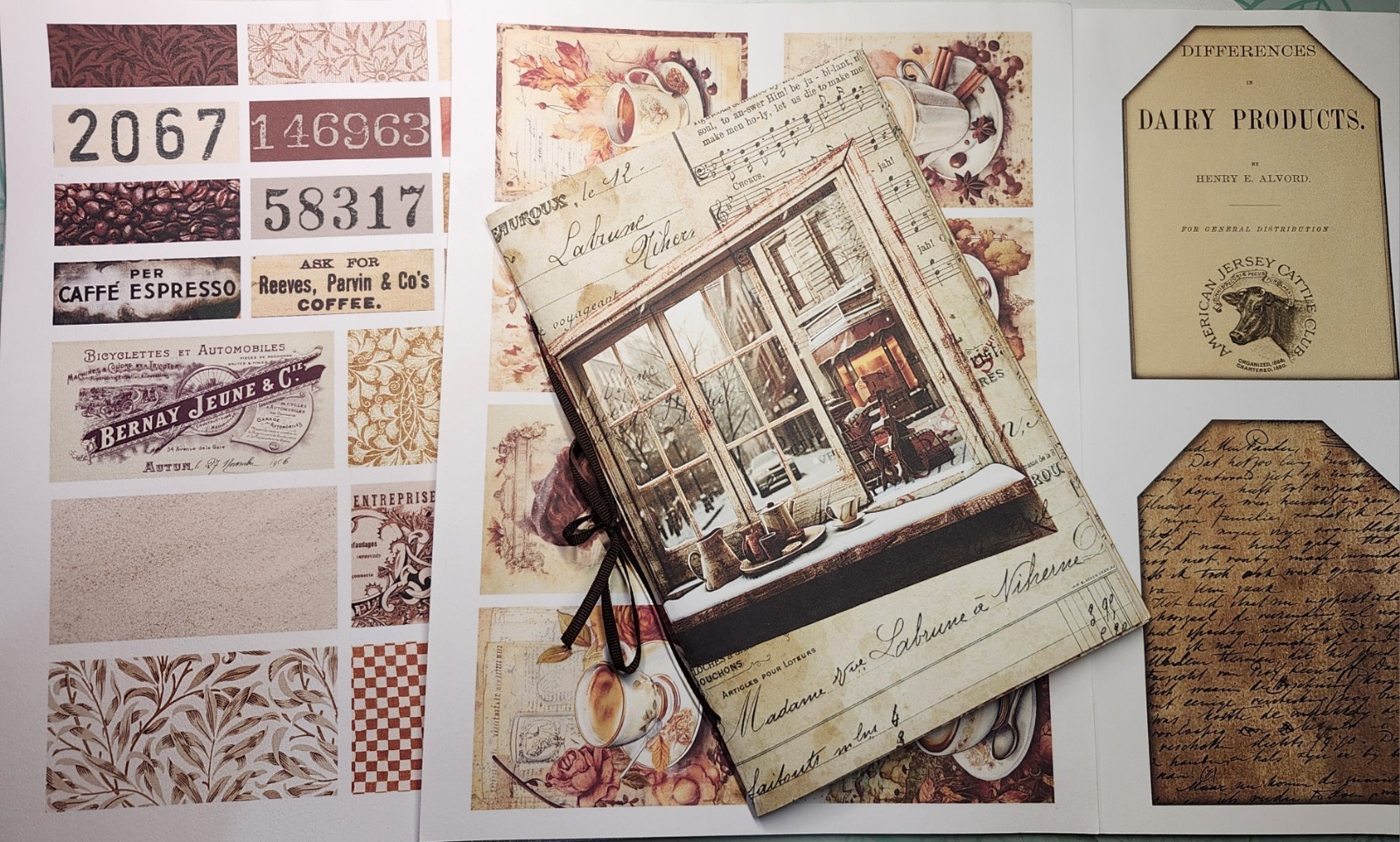 Junk Journal Booklet “COFFEE TIME 2″ HANDMADE Cards, Pockets, LG 5.5″X8.5” 40pg