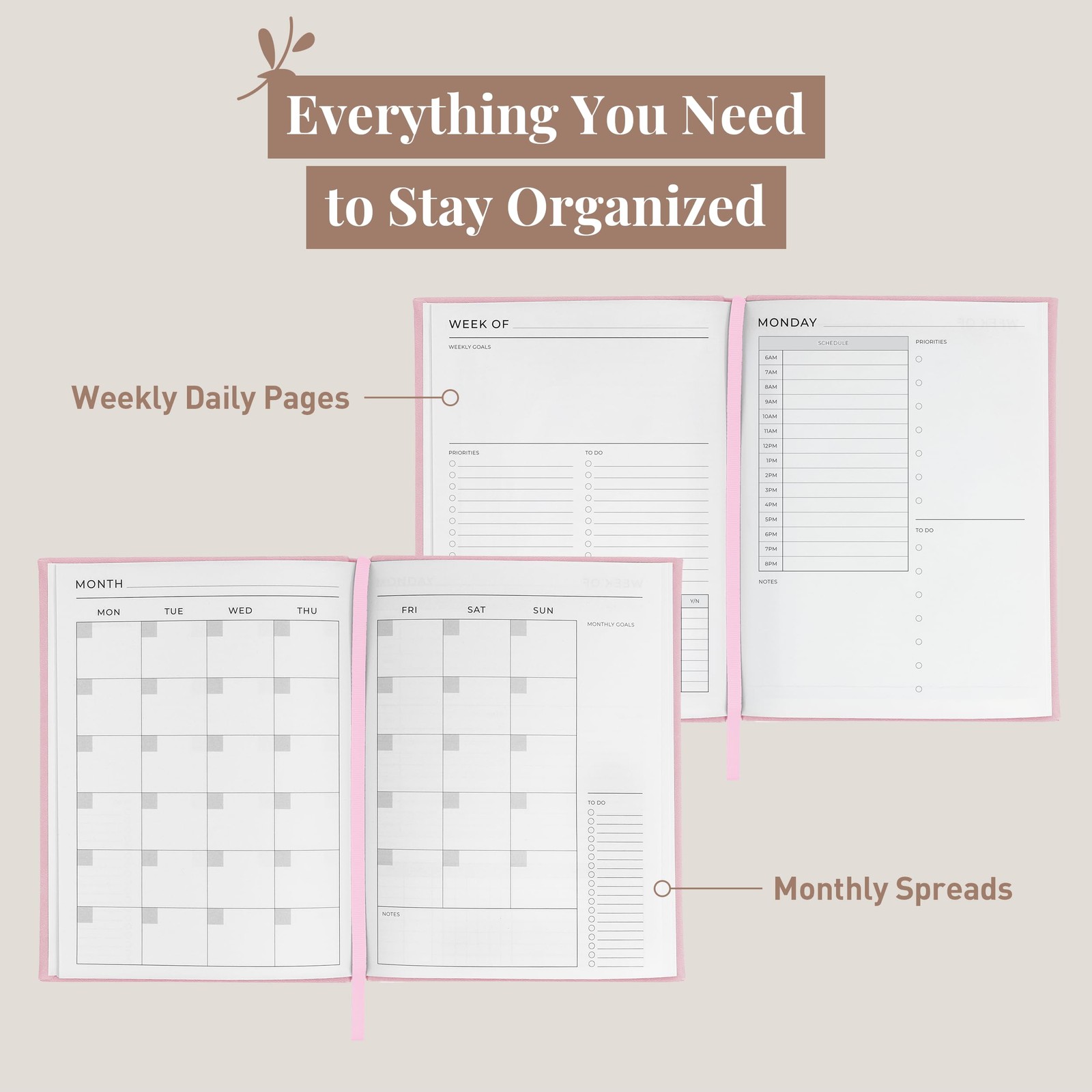 Rileys & Co Undated Daily Planner 8 x 6 in, Day Schedule 8 x 6 inches, Pink