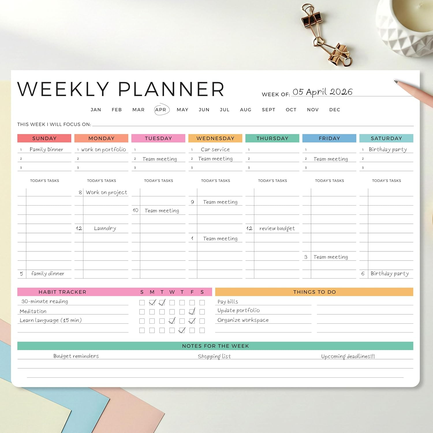 Beautiful Weekly Planner – the Perfect Undated to Do List Notepad with 52 Sheets