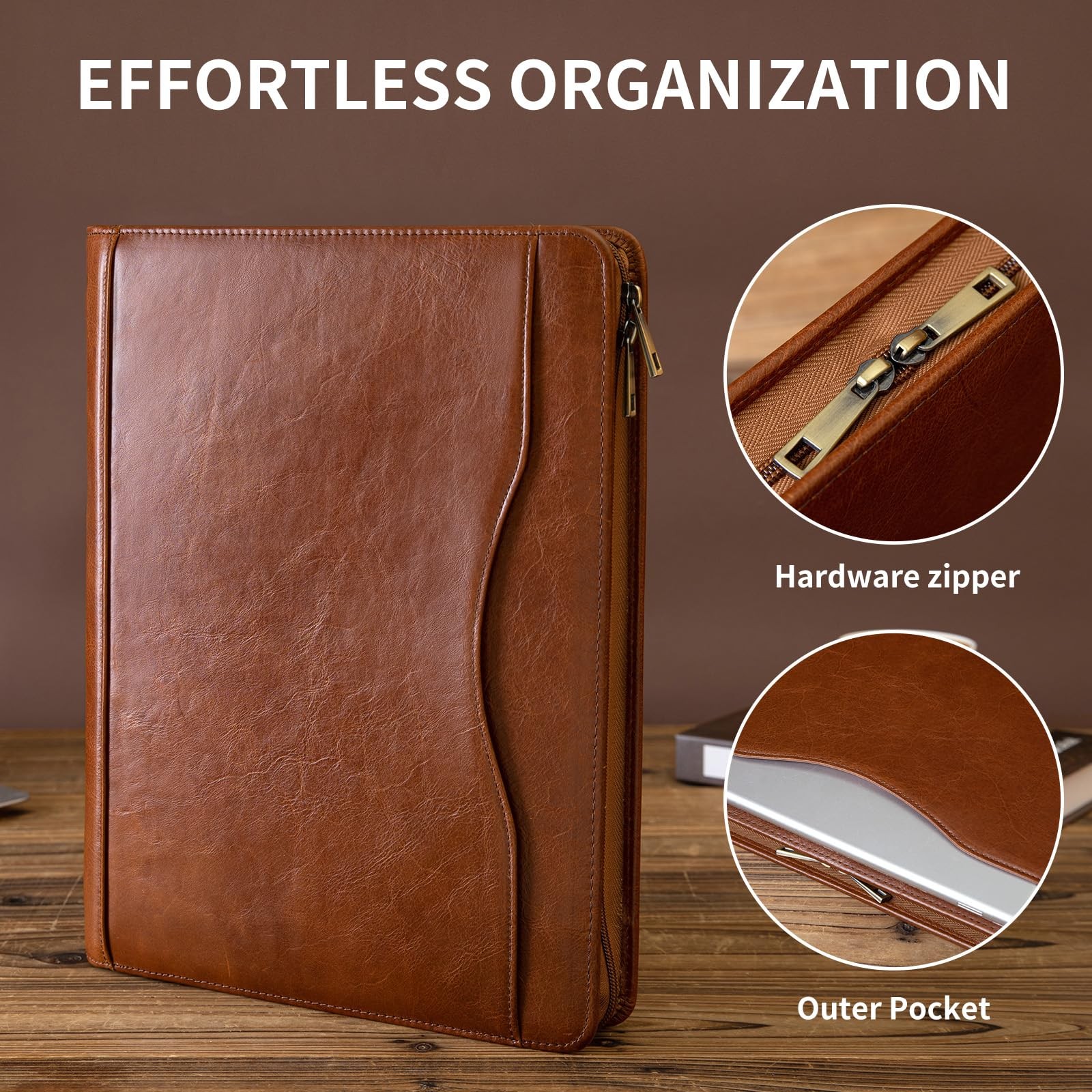 Handmade Leather 3 Ring Binder Portfolio with Front Pocket, Zippered Padfolio…