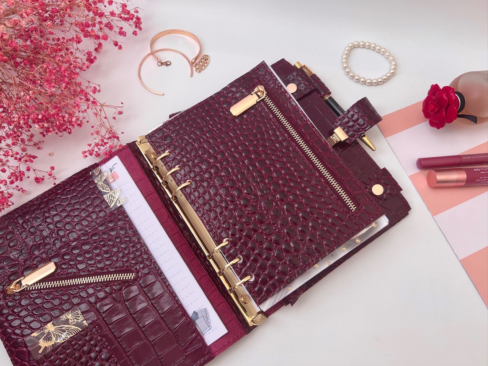 Burgundy Leather notebook cover A5 big binder 6 rings. Dated 2026 Planner.
