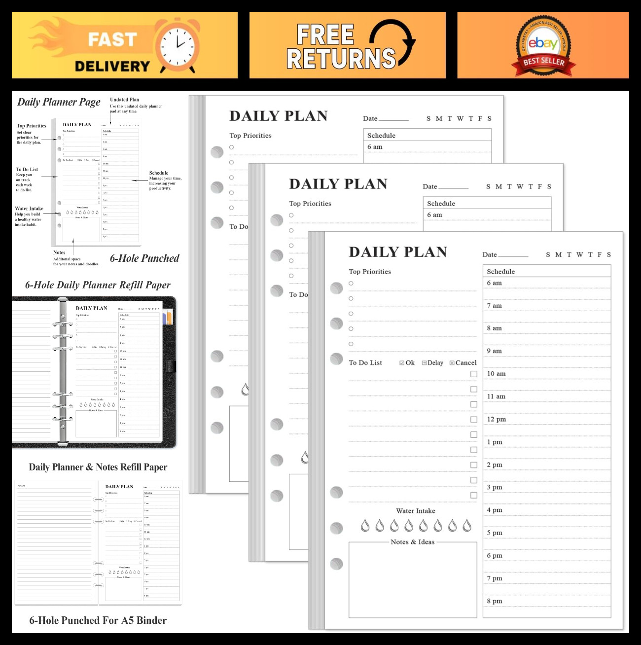3-Pack Undated Daily Planner Refill – A5 To-Do List, 600 Pages, 6-Hole Punched,