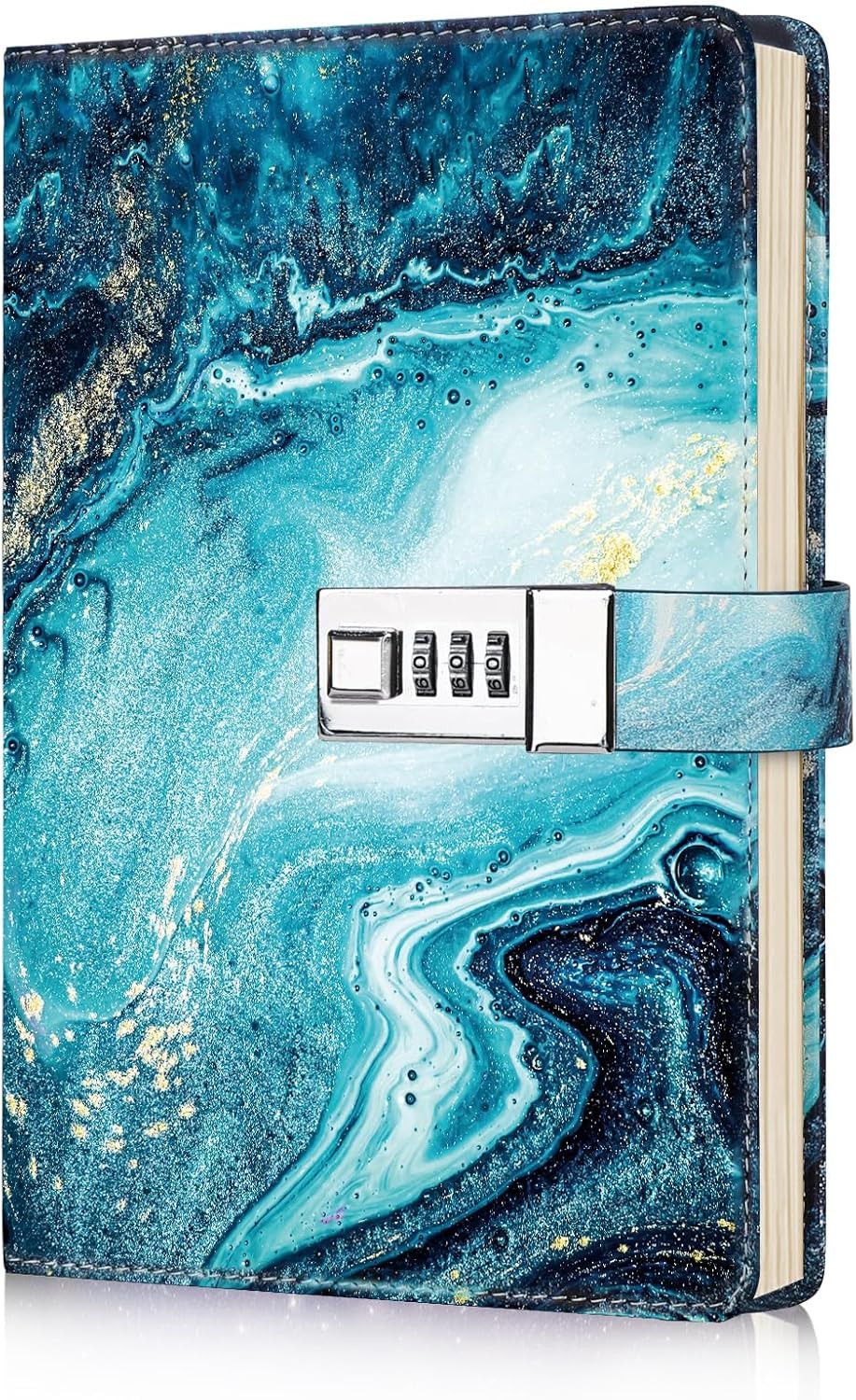 Marble Diary with Lock and Key for Girls, Cute Heart Shaped Without pen Green
