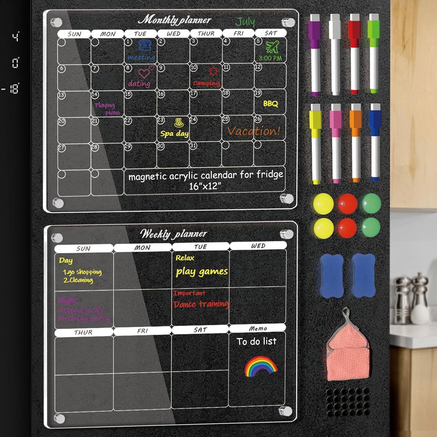 Acrylic Clear Magnetic Calendar, Monthly & Weekly, 16″x12″, Dry Erase, 8 Markers