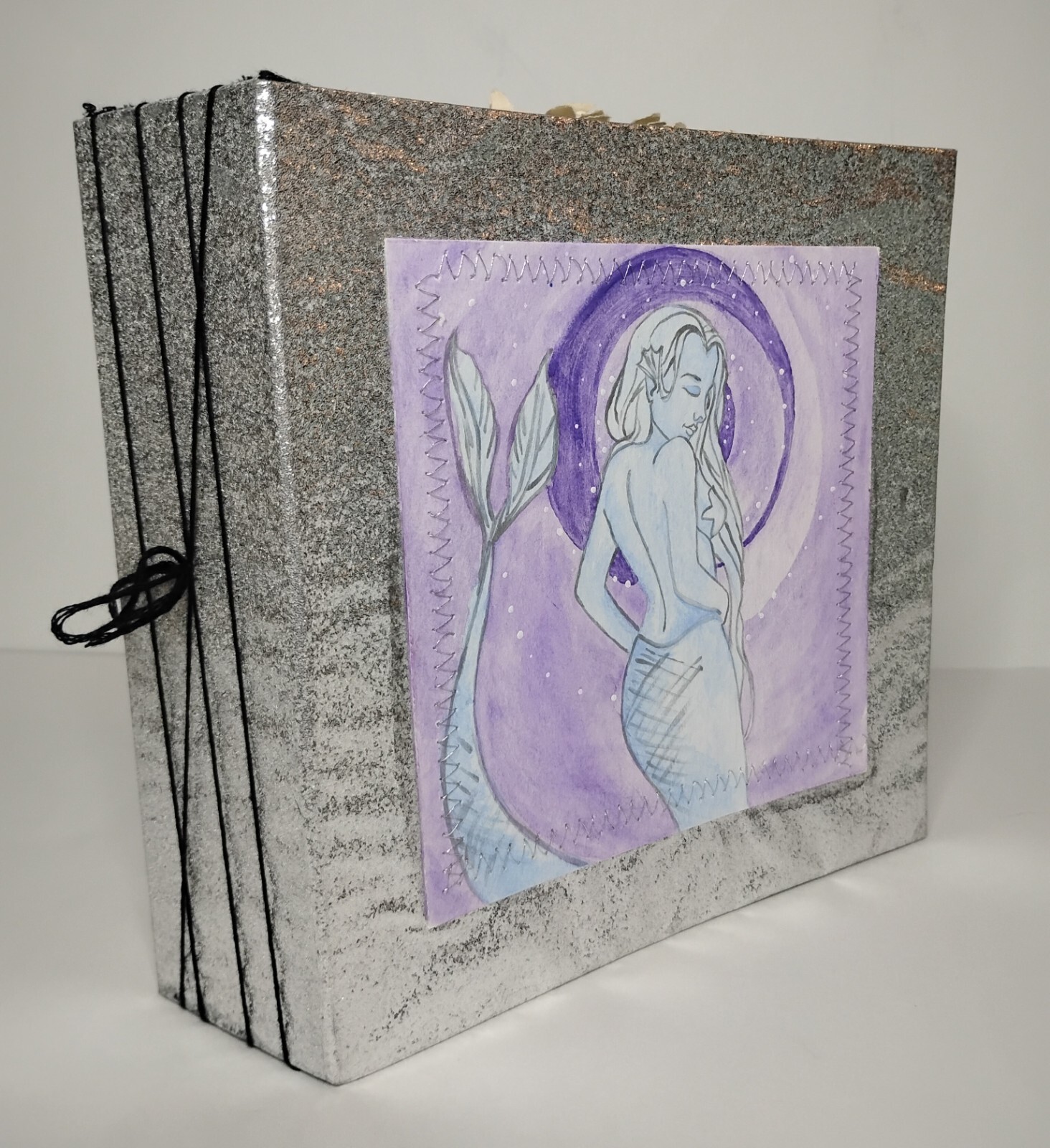 Silver Glitter Junk Journal with Handpainted Purple Watercolor Mermaid – Upcycle