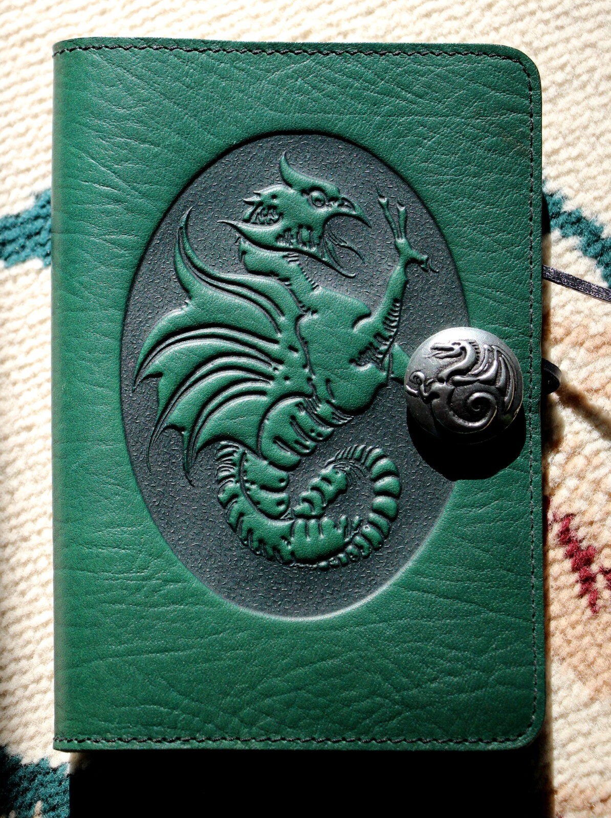 Oberon Design Leather Small Journal Cover DRAGON-COCKATRICE in DARK GREEN