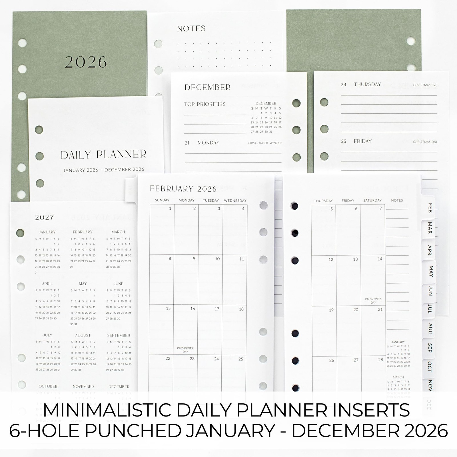 Black White 2026 Daily Planner Personal Size 6 Ring 3.75 x 6.75 Inch