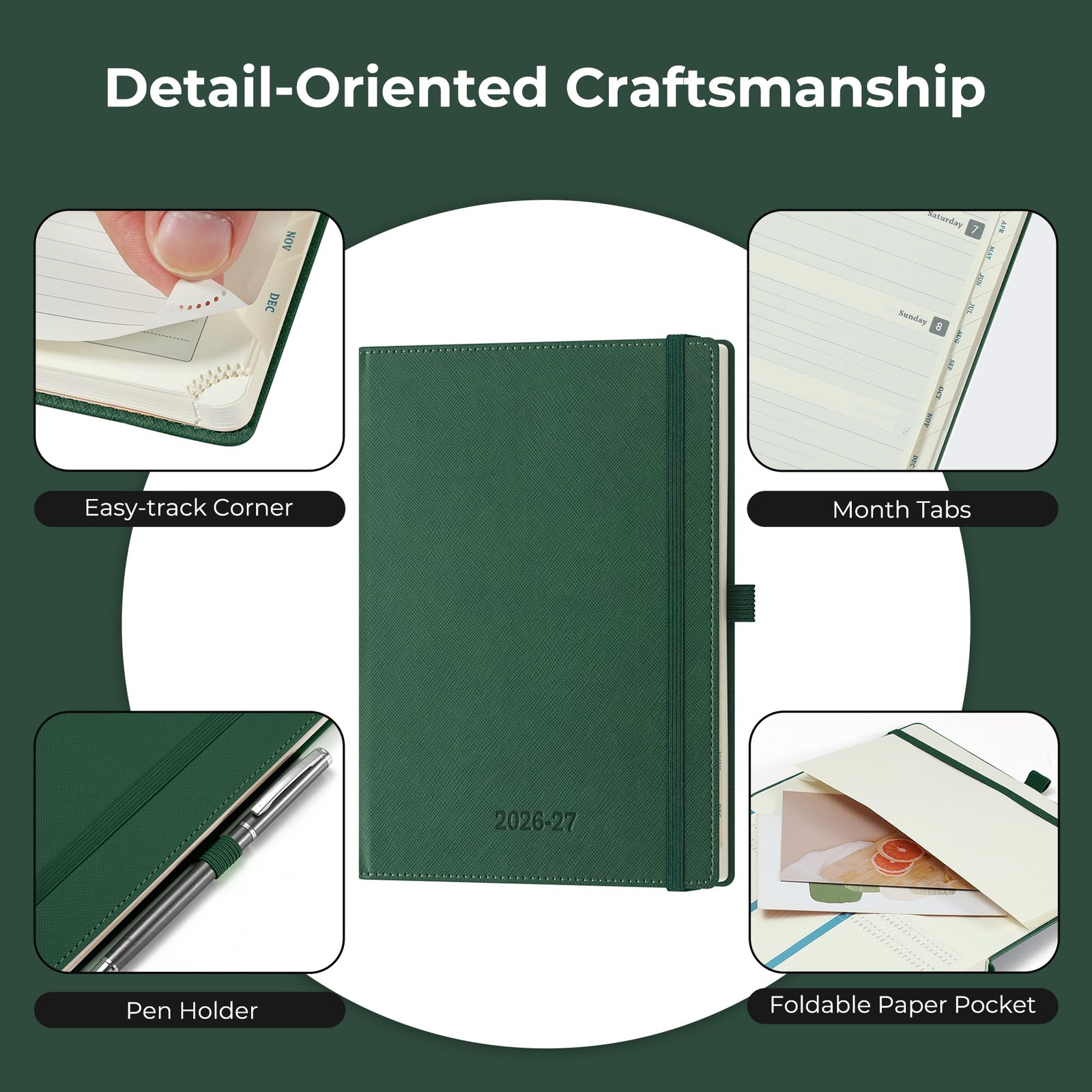 IN-LUXPRO Weekly Monthly 2026-2027 Planner (July Medium-8.5″ x 6.5″, Green