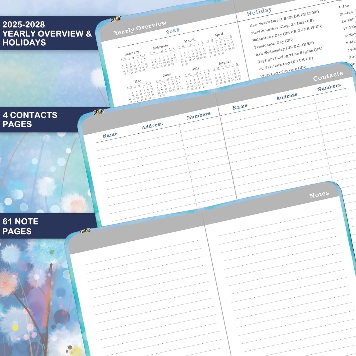 Stylish Blue Floral Pocket Calendar 3 : July 2025 – June 2028 Organizer