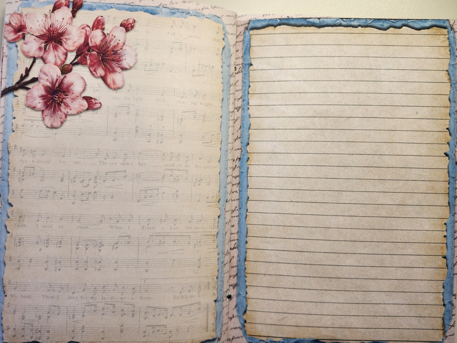 Junk Journal Blank Booklet “CHERRY BLOSSOM” HANDMADE Florals LG 5.5″x8.5″ 40pgs