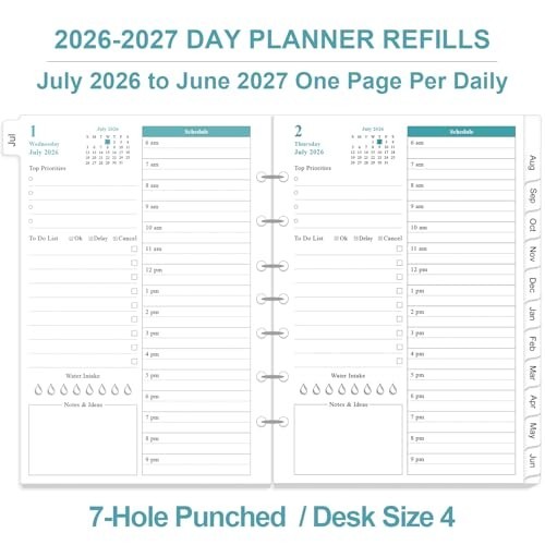 2026-2027 Daily Monthly Planner Refills 1 Page Per Day 7-Hole Punched
