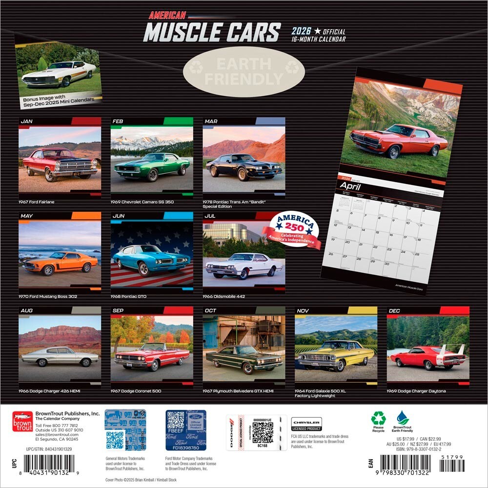 American Muscle Cars OFFICIAL | 2026 12×24″ Square Wall Calendar | Plastic-Free