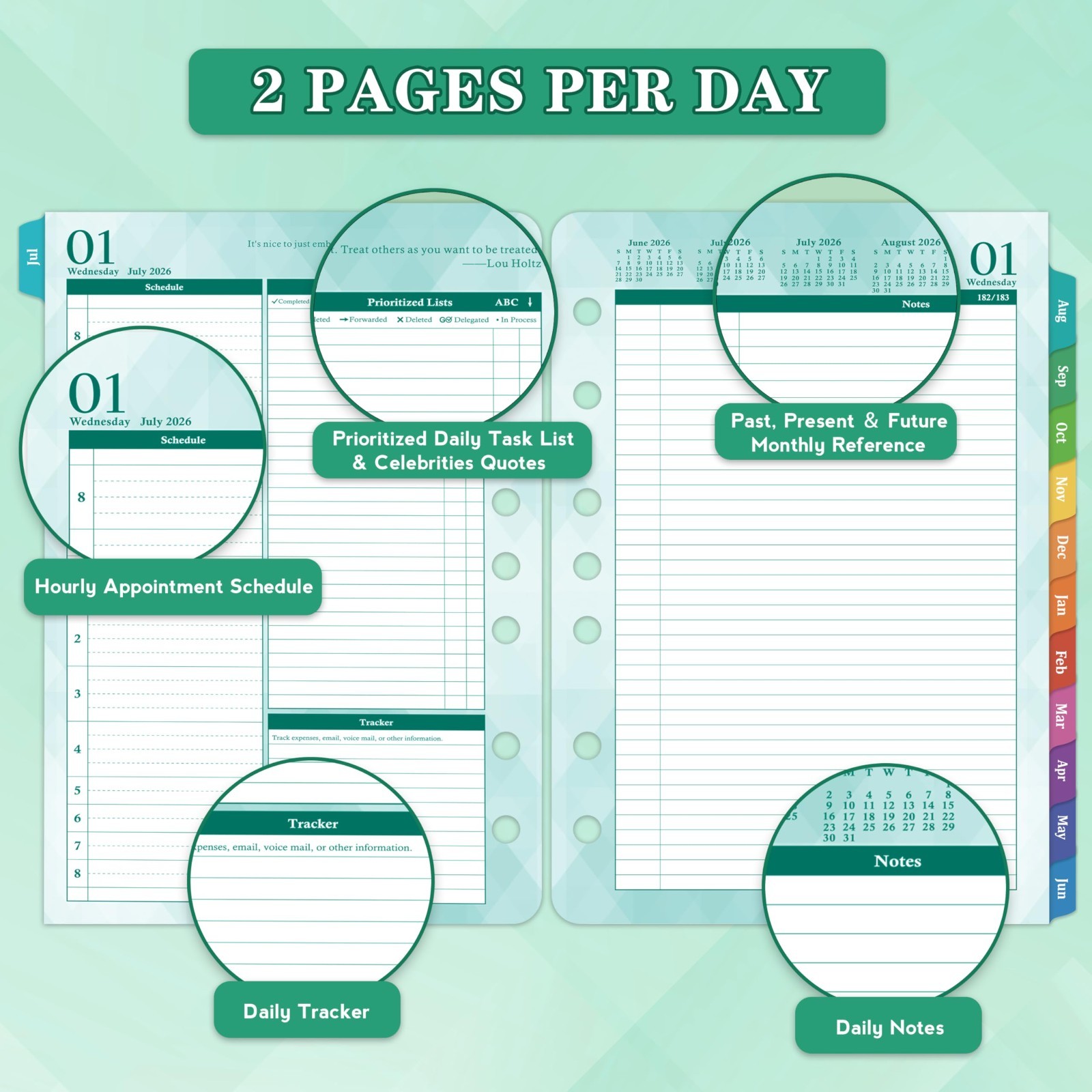 2026-2027 Daily Planner Refills, 5.5″ x 8.4″, Two Pages Per Day, Monthly Tabs, T