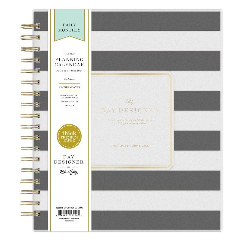 2026-2027 Planner Rugby Stripe Black Frosted 27 Daily/Monthly Safety Wirebound