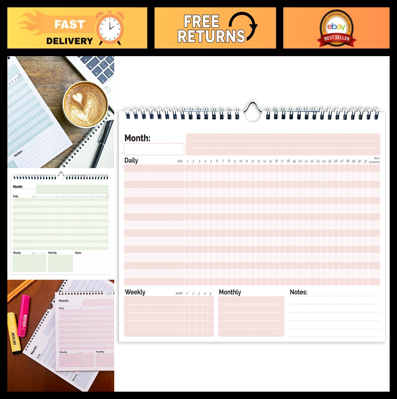 Undated 12-Month Habit Tracker Calendar Journal – A4 Size, Spiral Bound with Han
