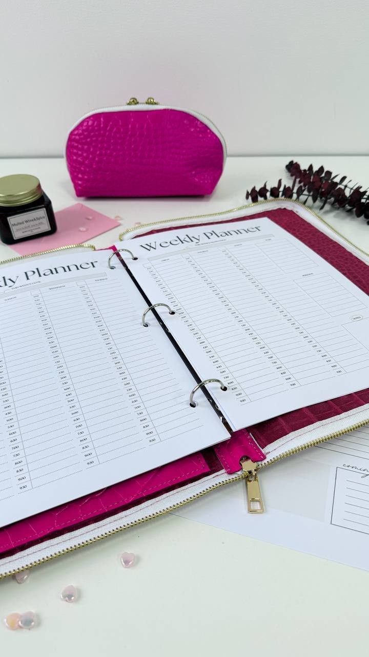 Italian Leather A4 Portfolio. Pink A4 planner Zippered Binder.