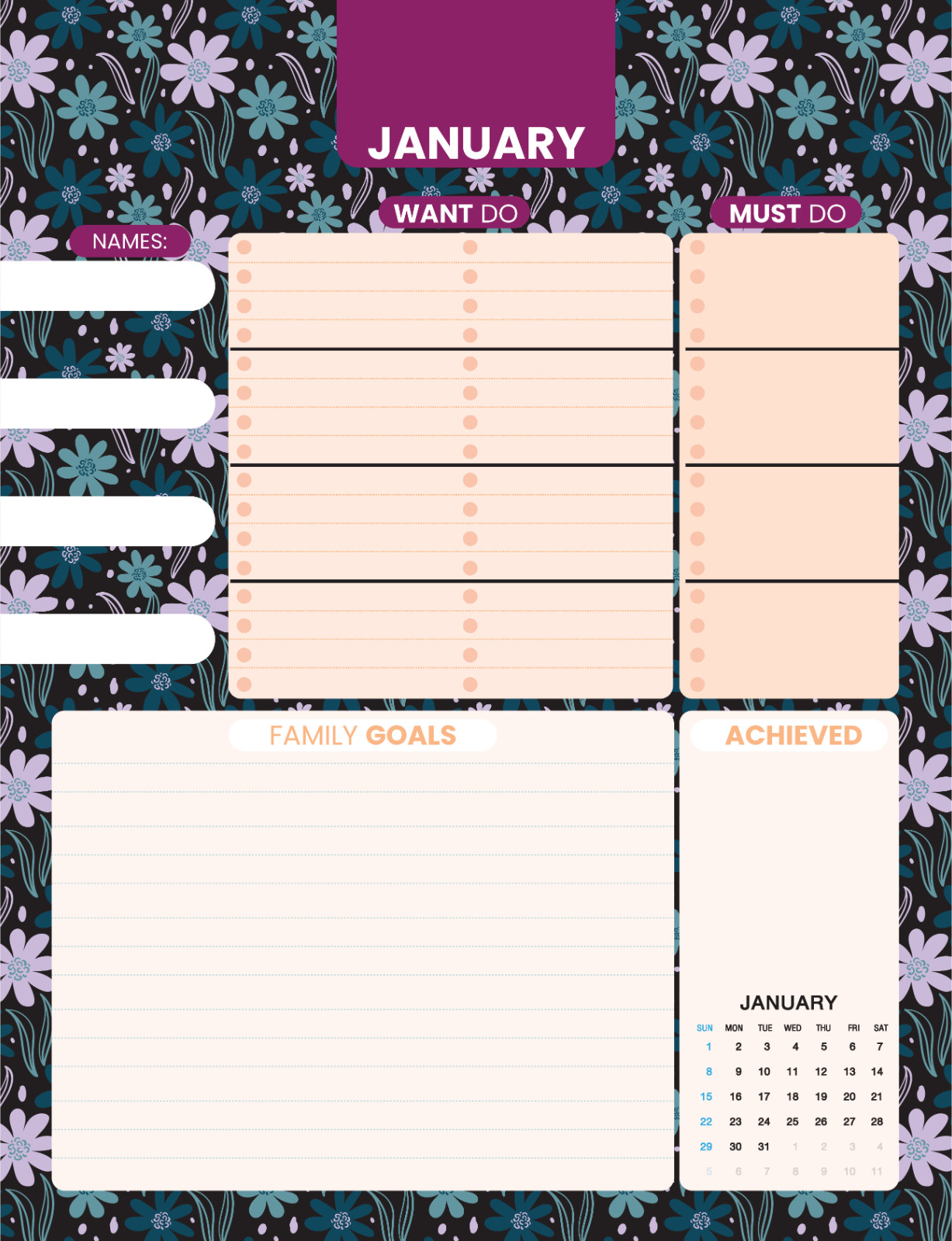Family Planner 2023 – 4 columns, 12 months, Floral themes / Instant download.pdf