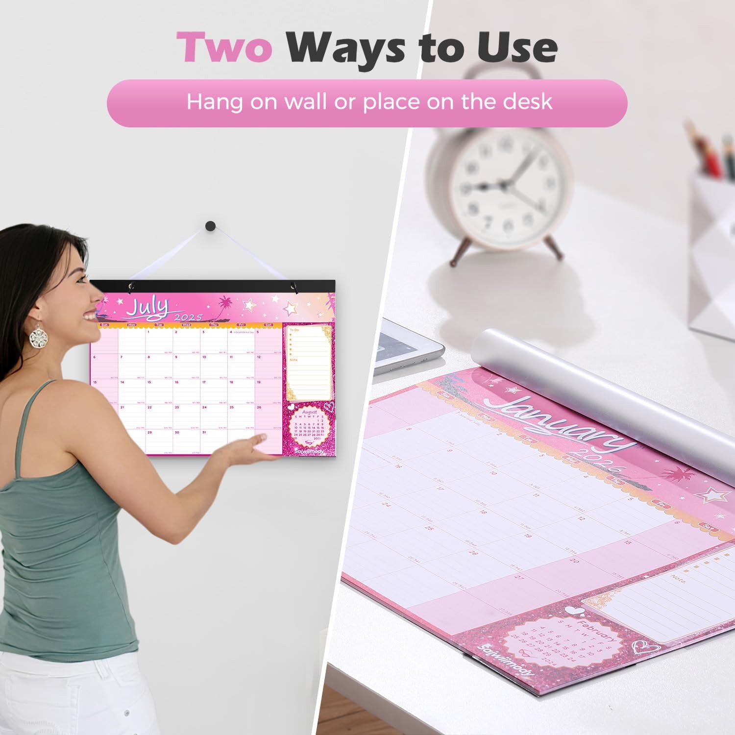 Desk Calendar 2026 with Clear Waterproof Cover 17 x 12 inch 18 Months Pink