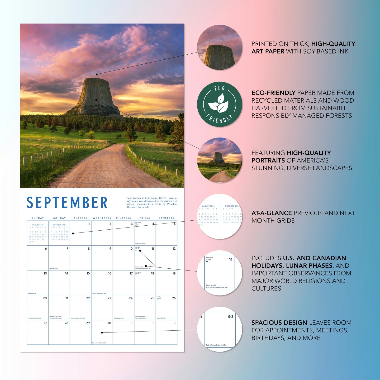 American Landscape Calendar 2026 | 12″ x 24″ 12 Months | Marble City Press