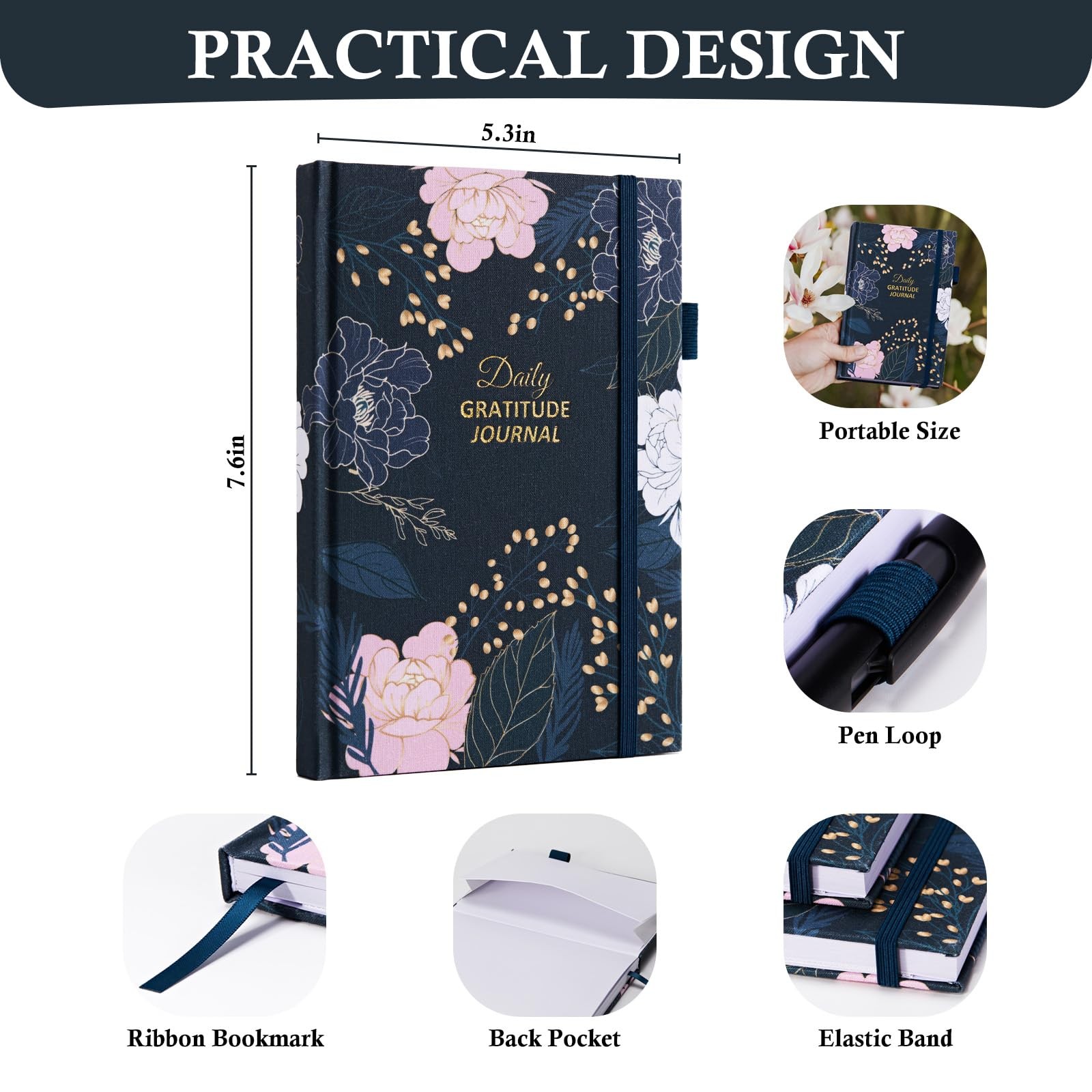 Comkiso Gratitude Journal with 4 Inspirational 5.3″ x 7.6″, D. Peony