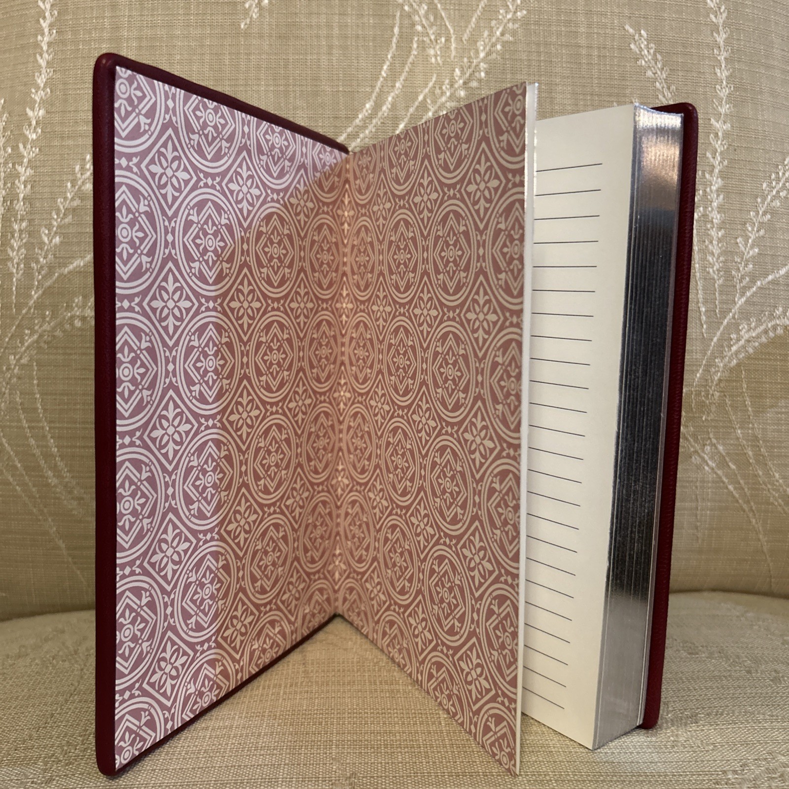 NEW Red Embossed Leather Lined Journal 6 x 9” Fleur-de-lis, Silver Edged Pages