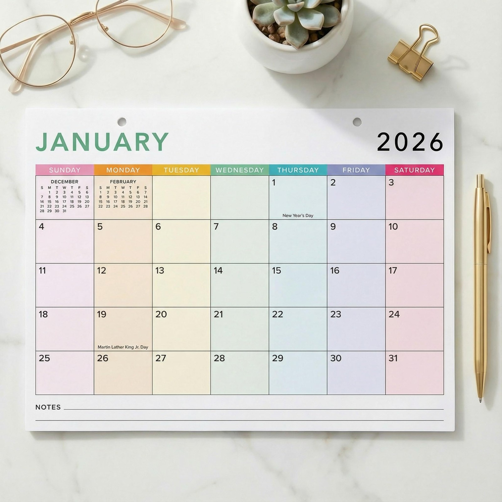 Colorful 2026 Desk Calendar January 2026 to July 2027 Planner