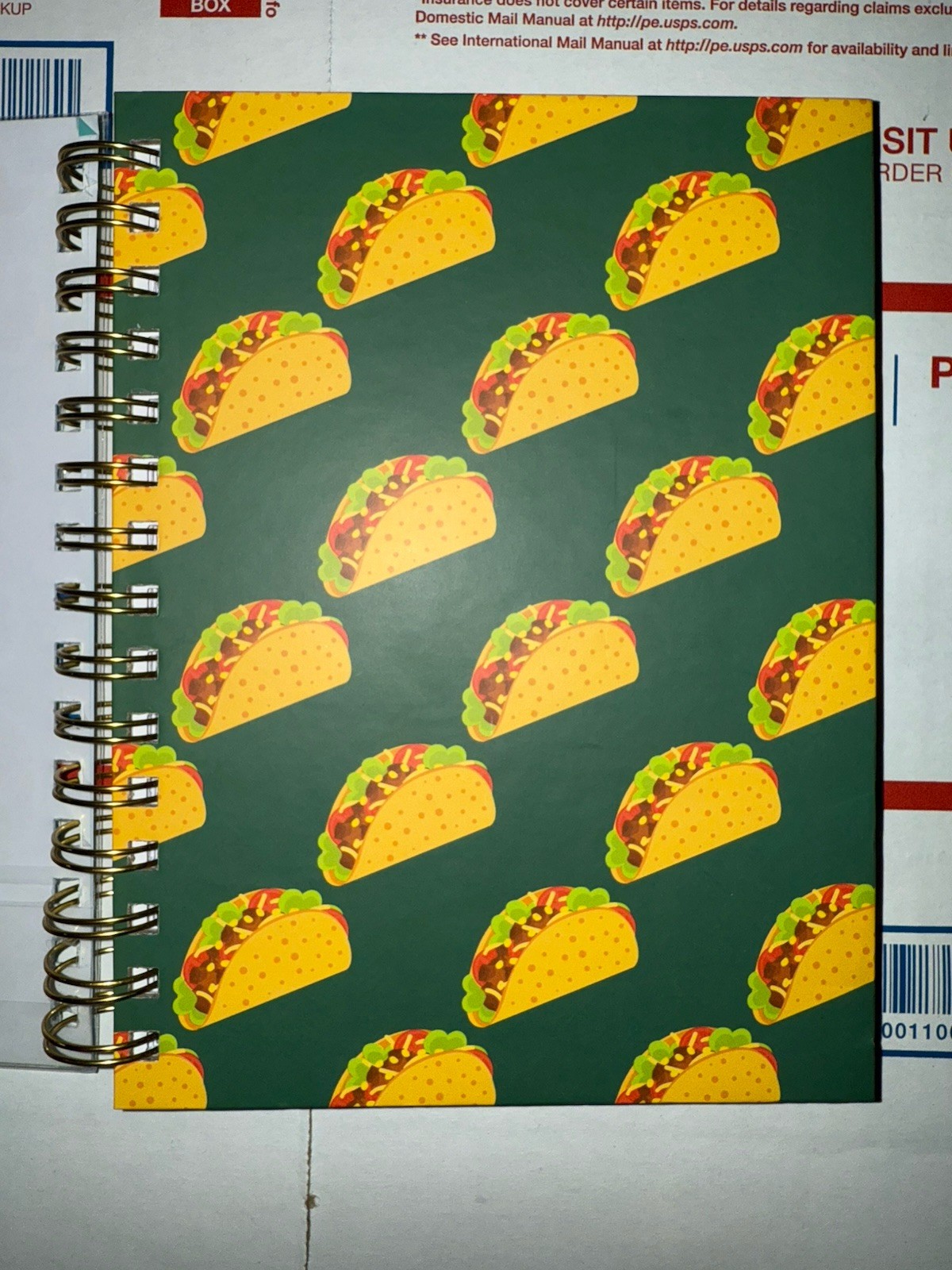 Tacos Illustrated Spiral Paper Journal with Stickers 5”x8” Cardboard New Green
