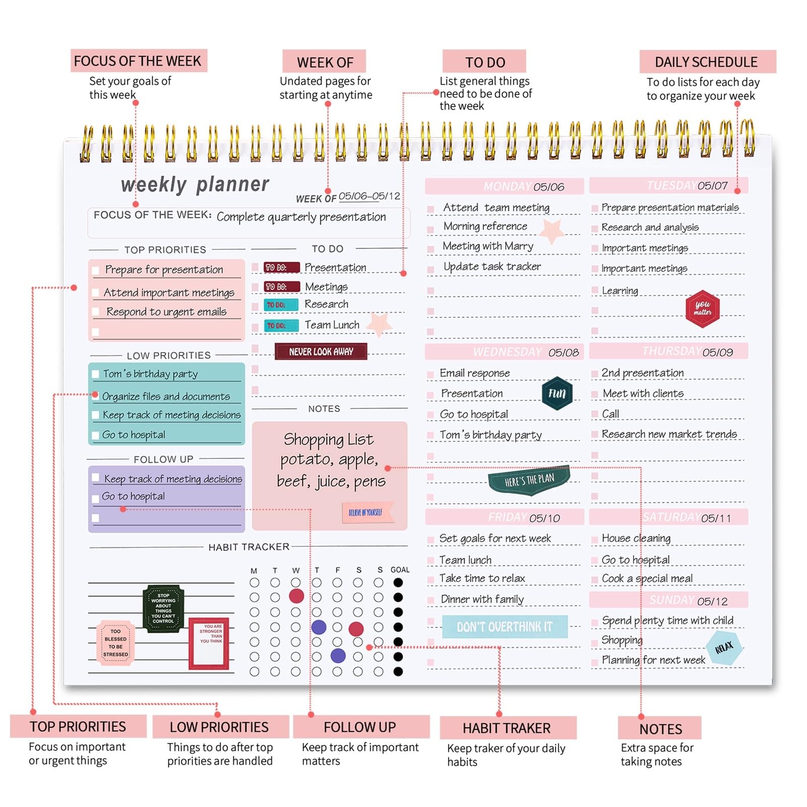 Weekly To Do List Notepad, 8.5”x11” Desk Planner 8.5×11 inches, Pink