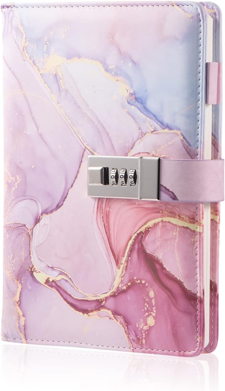 Marble Diary with Lock for Girls and Women, A5 Leather Locked Journal Pink