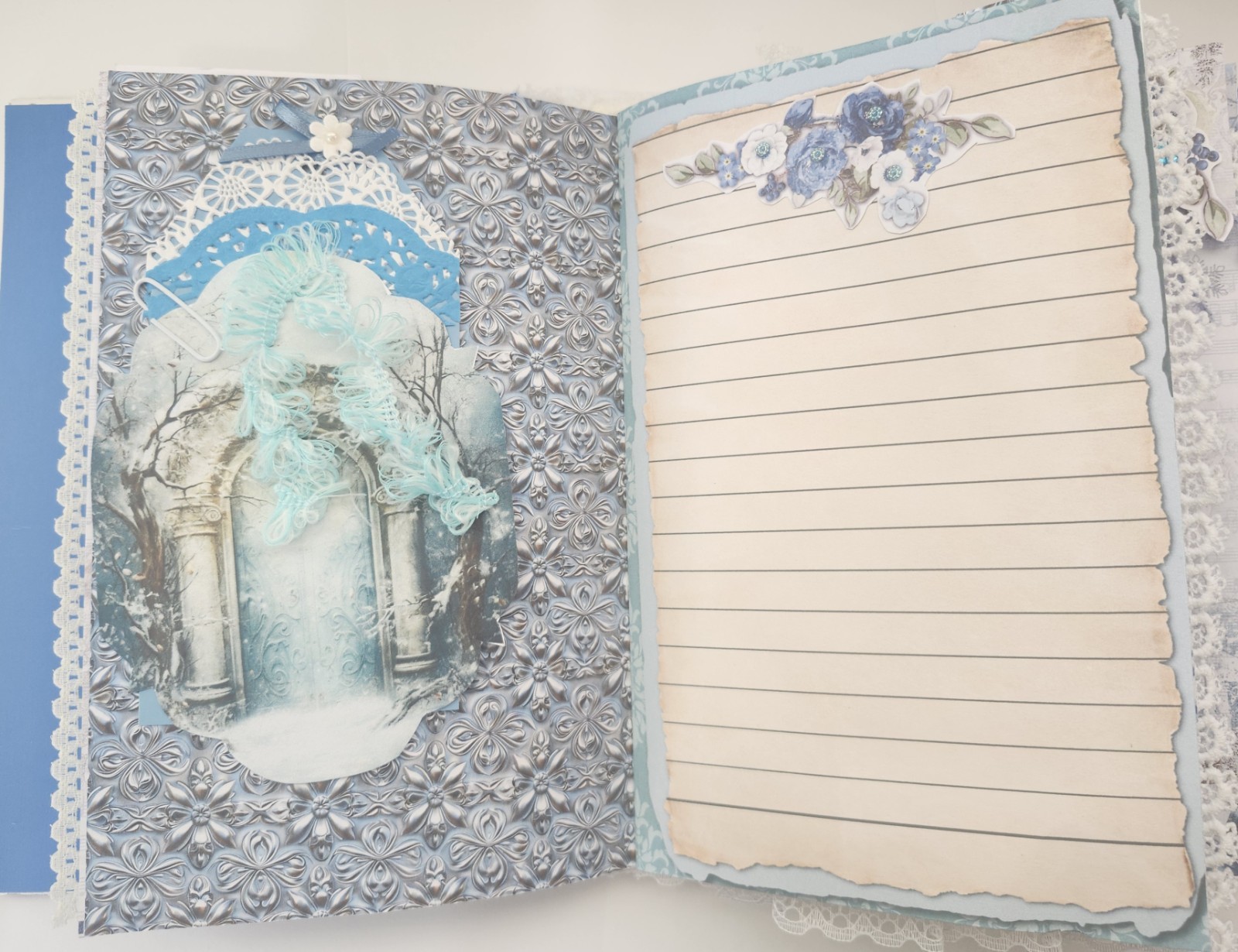 “WINTER JOURNEY” Handmade XL Journal Bejeweled Wintry Blues Keepsake 98pgs