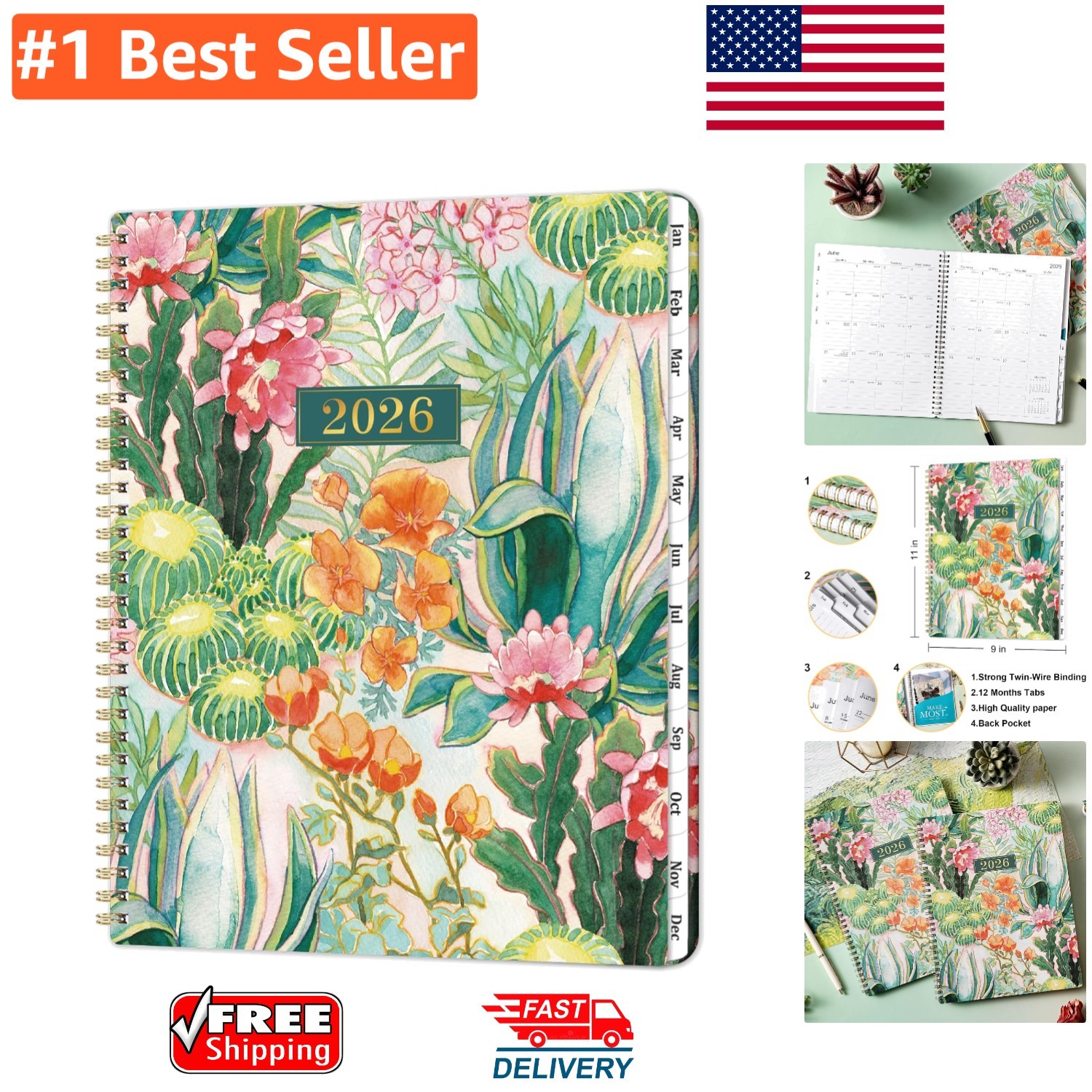 2026 Organizer – 9”x11” Weekly & Monthly Planner with Twin-Wire Binding