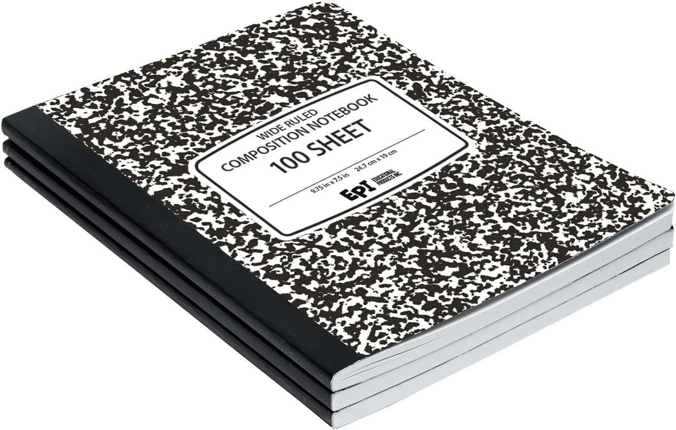 EPI 3 Pack Composition Notebook Wide Ruled, 200 Pages (100 Sheets) 9-3/4 x 7-1/2