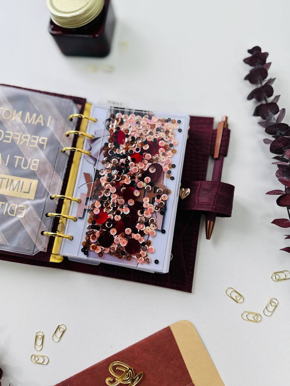 Burgundy A6 leather notebook cover binder 6-Rings. Dated planner gift for her.