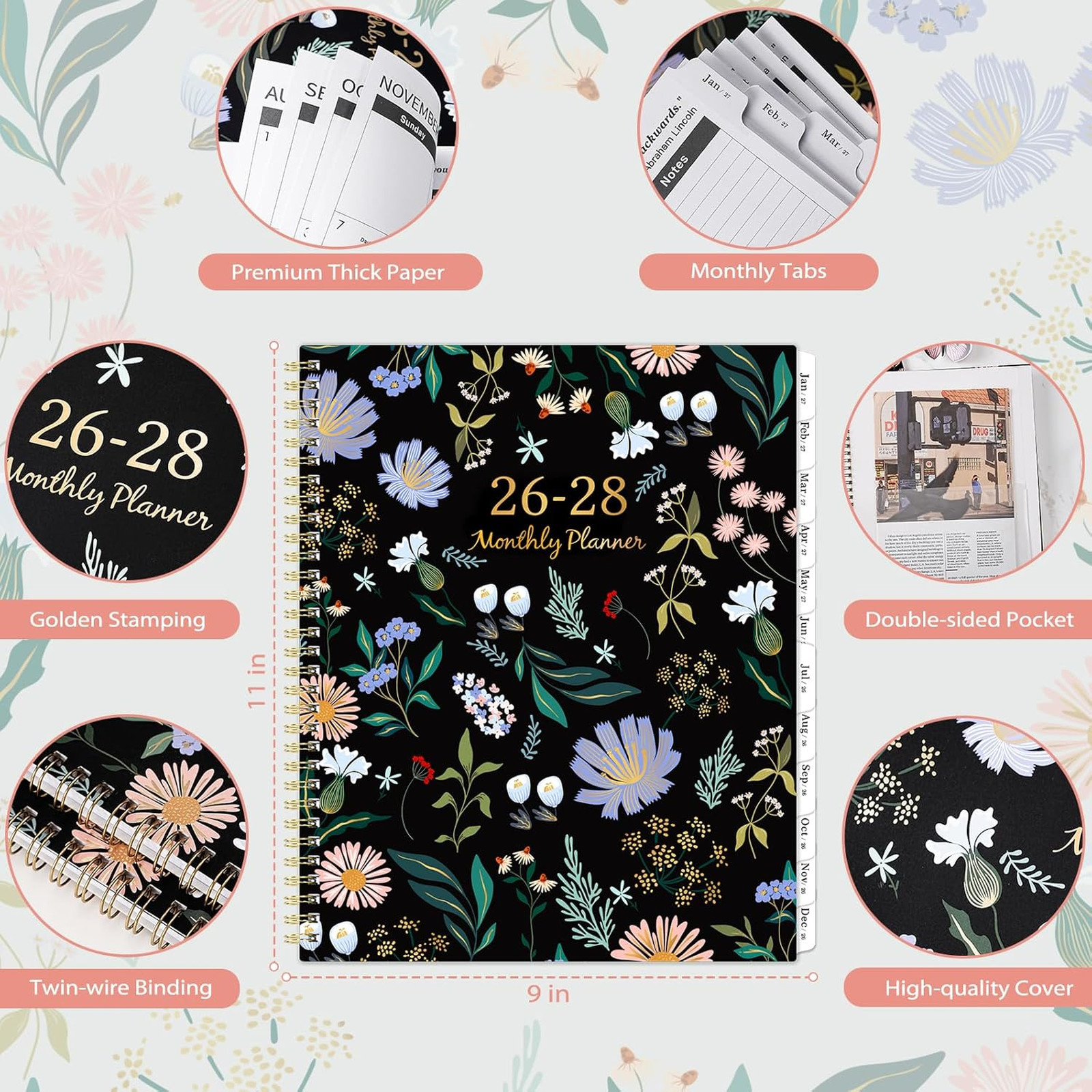 Monthly Planner 2026 2028 2 Year Calendar July June 9×11 Twin-wire Binding
