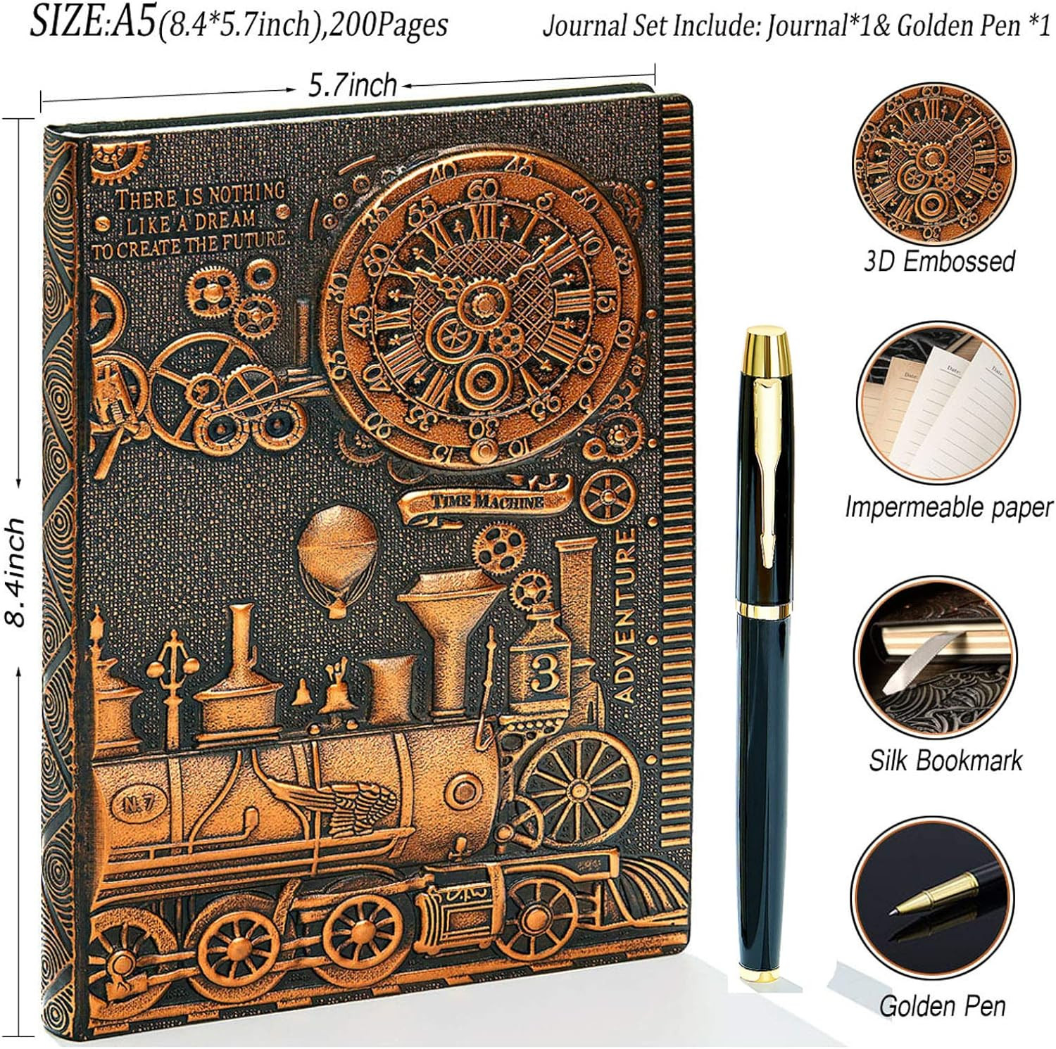 Vintage Train Embossed Leather Writing Journal Notebook with Pen Set,Antique Han