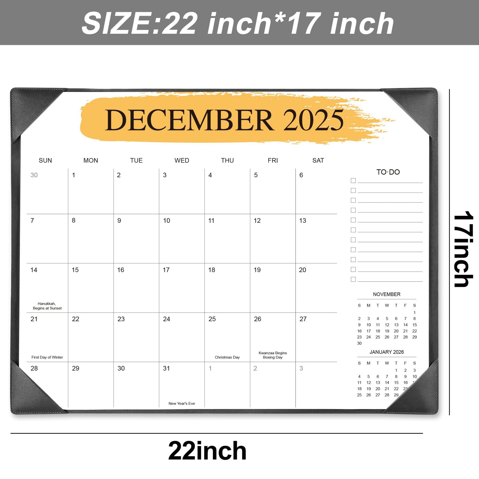 Desk Calendar 2026-2027 with Desktop Mat – 22″ x 22 Inches X 17 Inches, Black