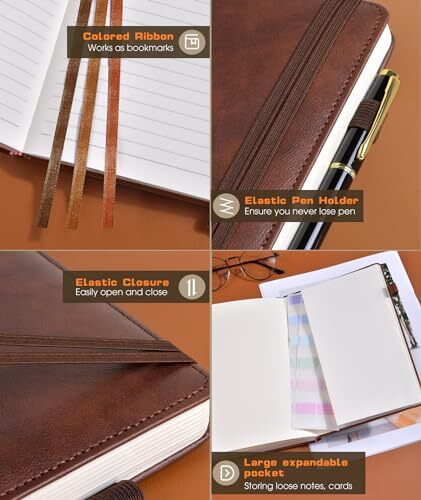 Lined Journal Notebook for Women Men, 256 Numbered Pages Hardcover Brwon