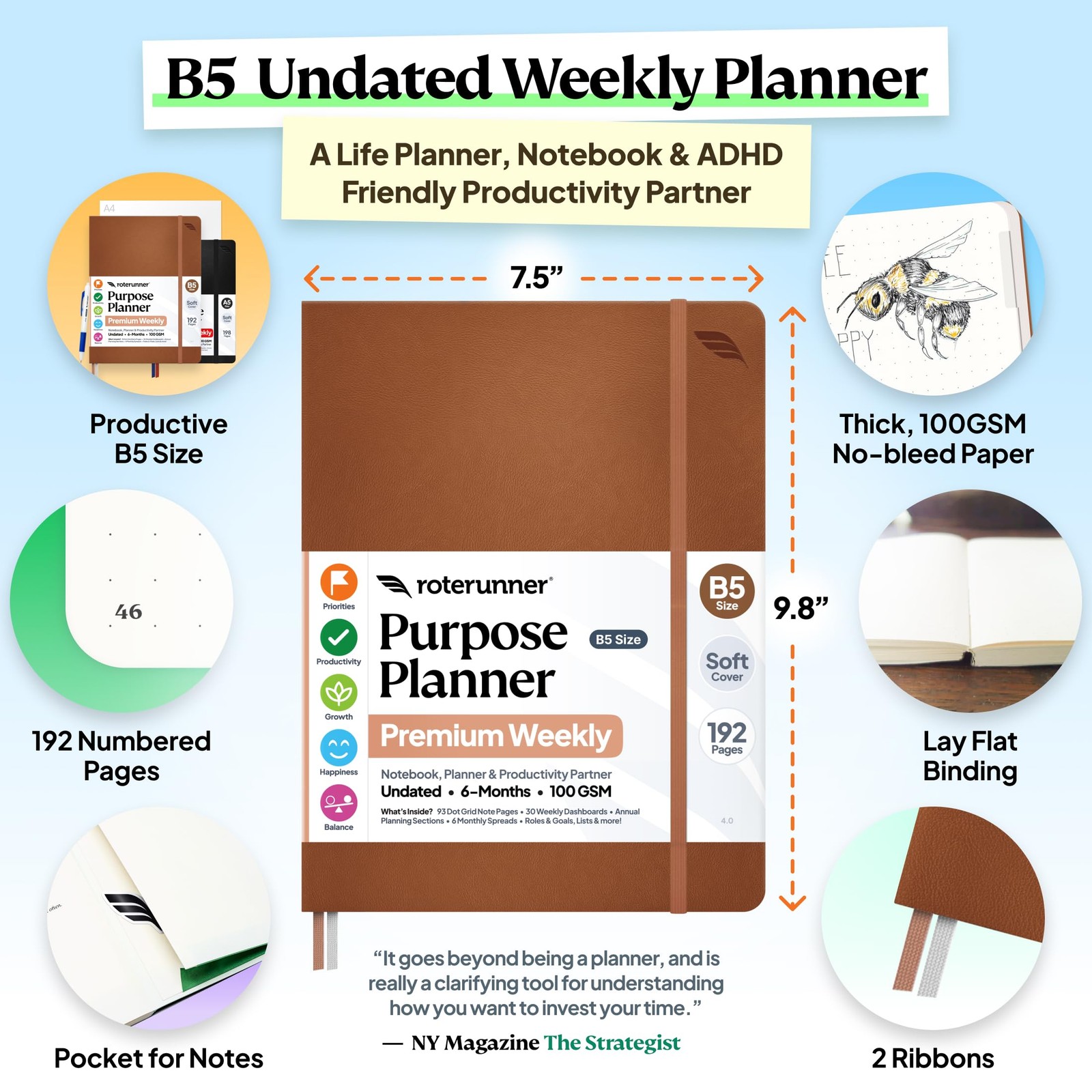 Purpose Planner Notebook B5 7.5”x9.8” Undated 2026 Daily Weekly and Monthly P…