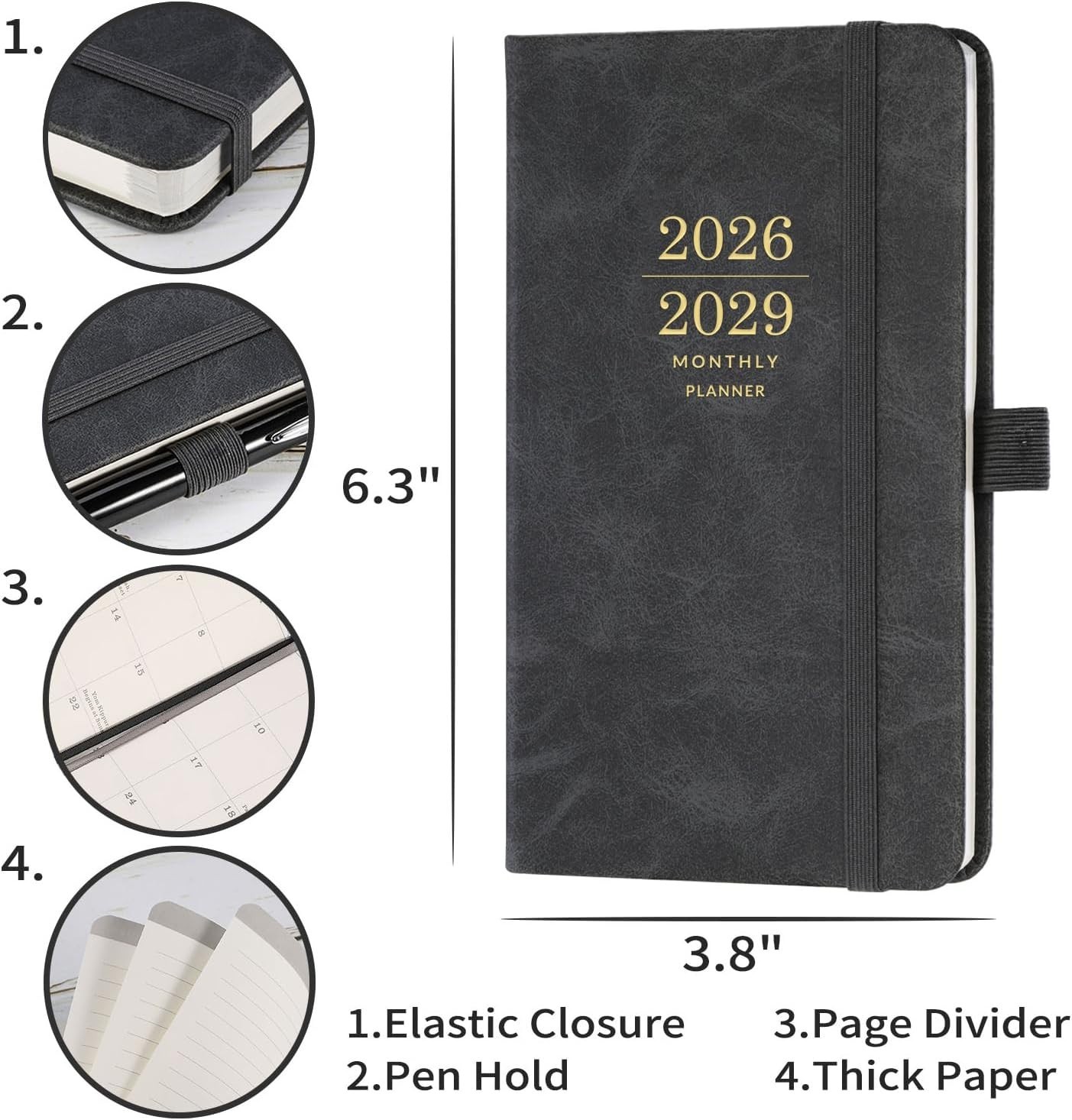 2026-2029 3- Pocket Planner Gray, Faux Leather, 3.8×6.3 inches
