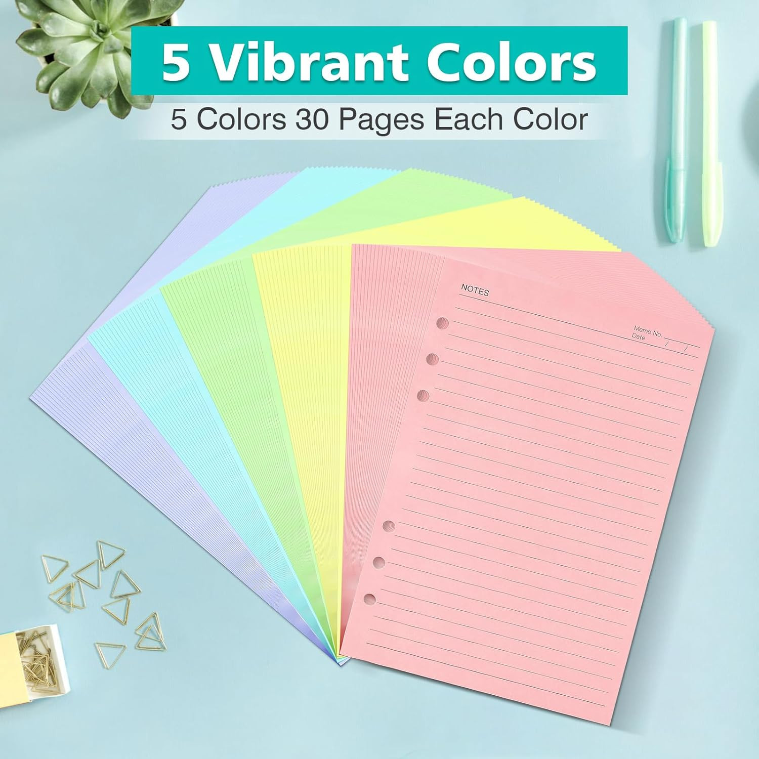 A5 Colorful Lined Refill Paper, 120Gsm Loose Leaf Paper 6 Hole, Notebook Refills