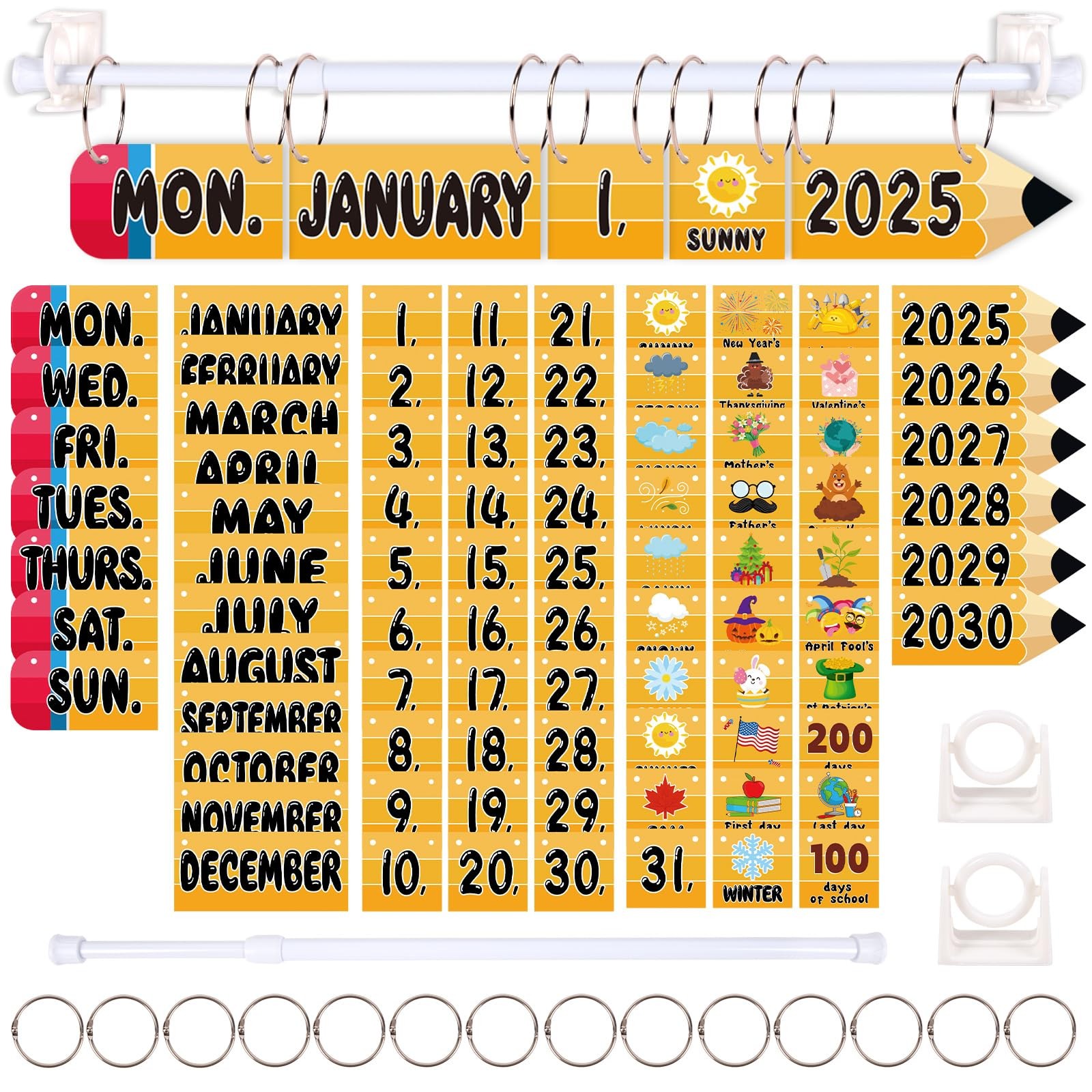 102 PCS Flip Calendar PencilShaped Bulletin Board Hanging Rod Date Card