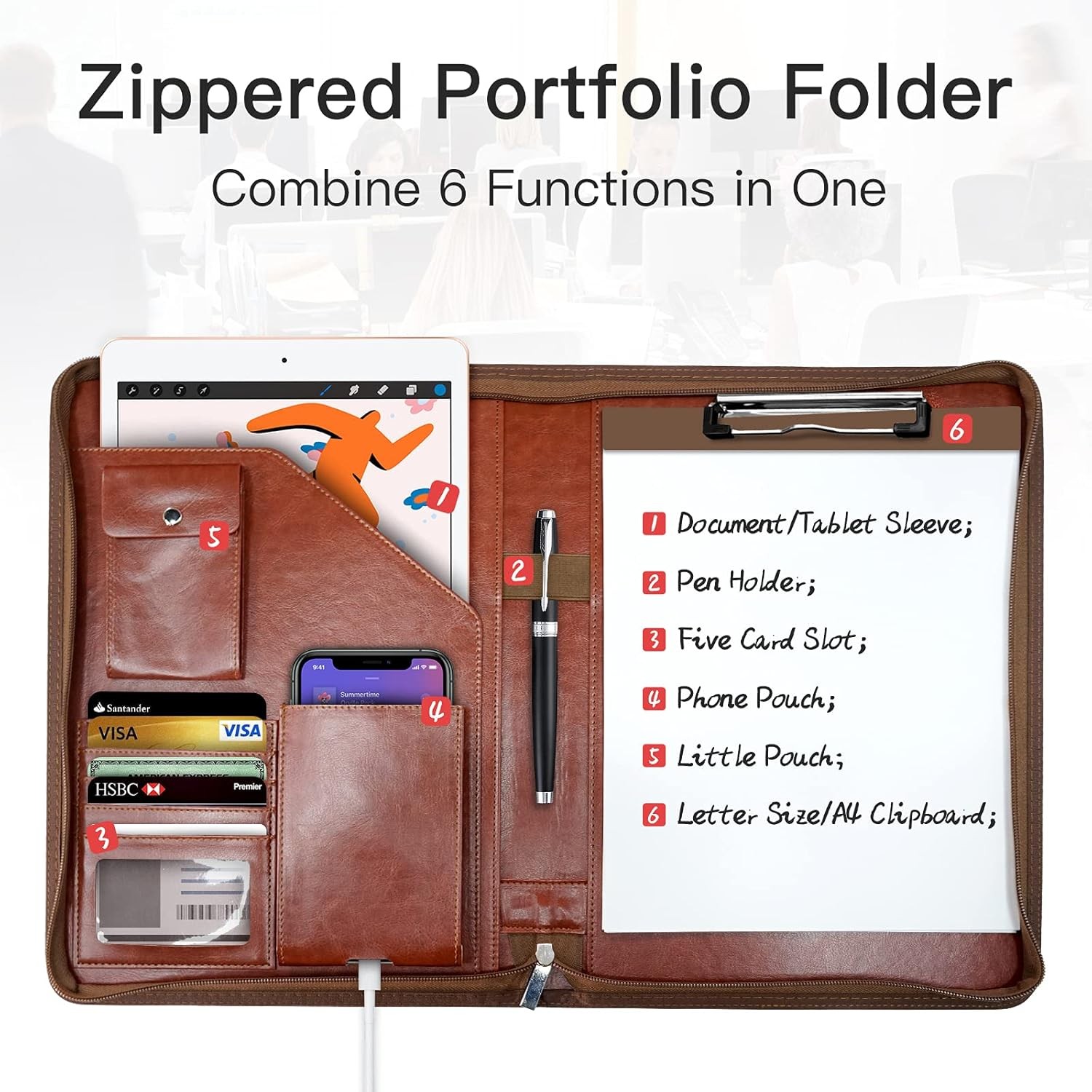 Zippered Padfolio Organizer, Leather Planner Binder, 10.2 Inch Portfolio Fold…