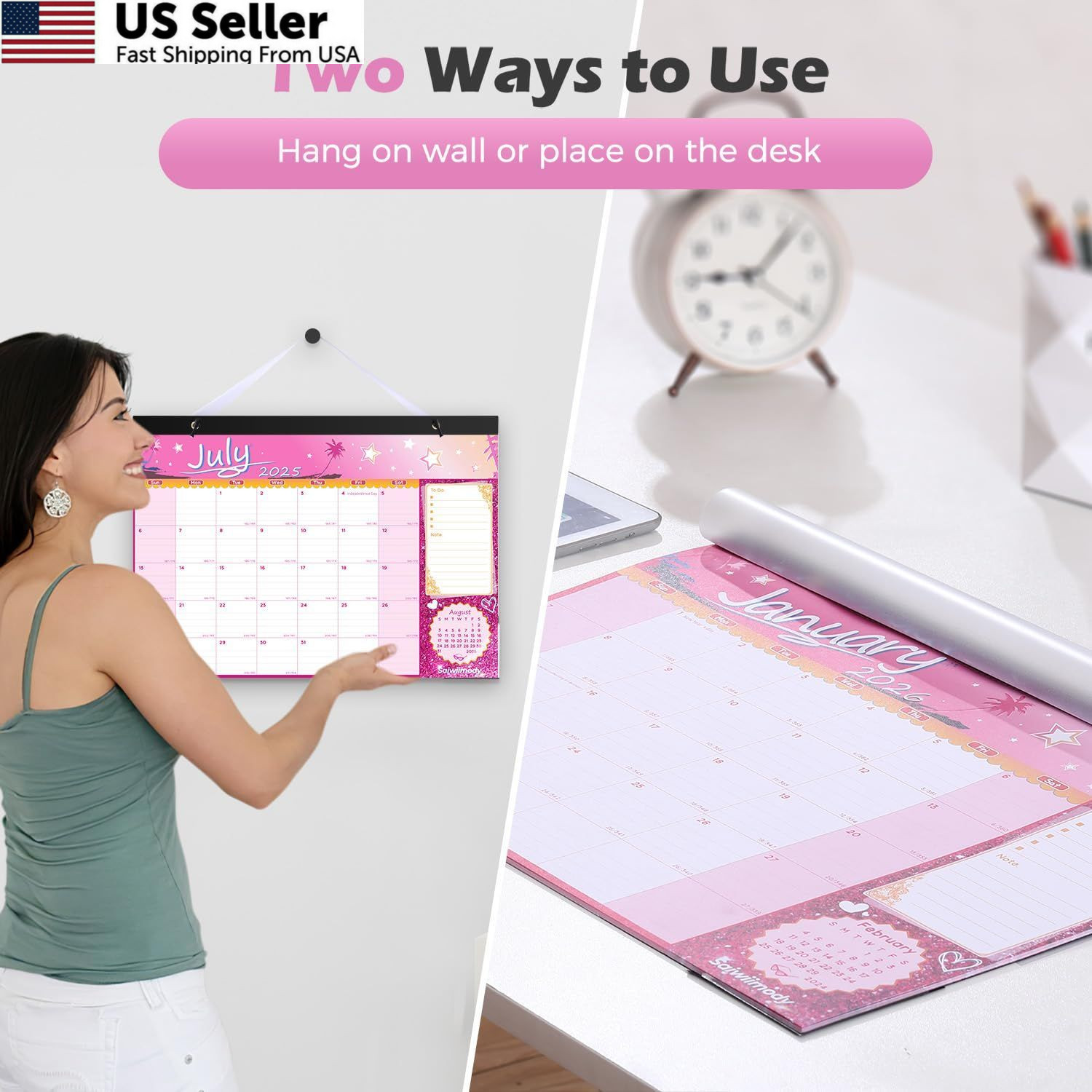 Desk Calendar 2026 with Clear Waterproof Cover 17 x 12 17 x 12 inch, Pink
